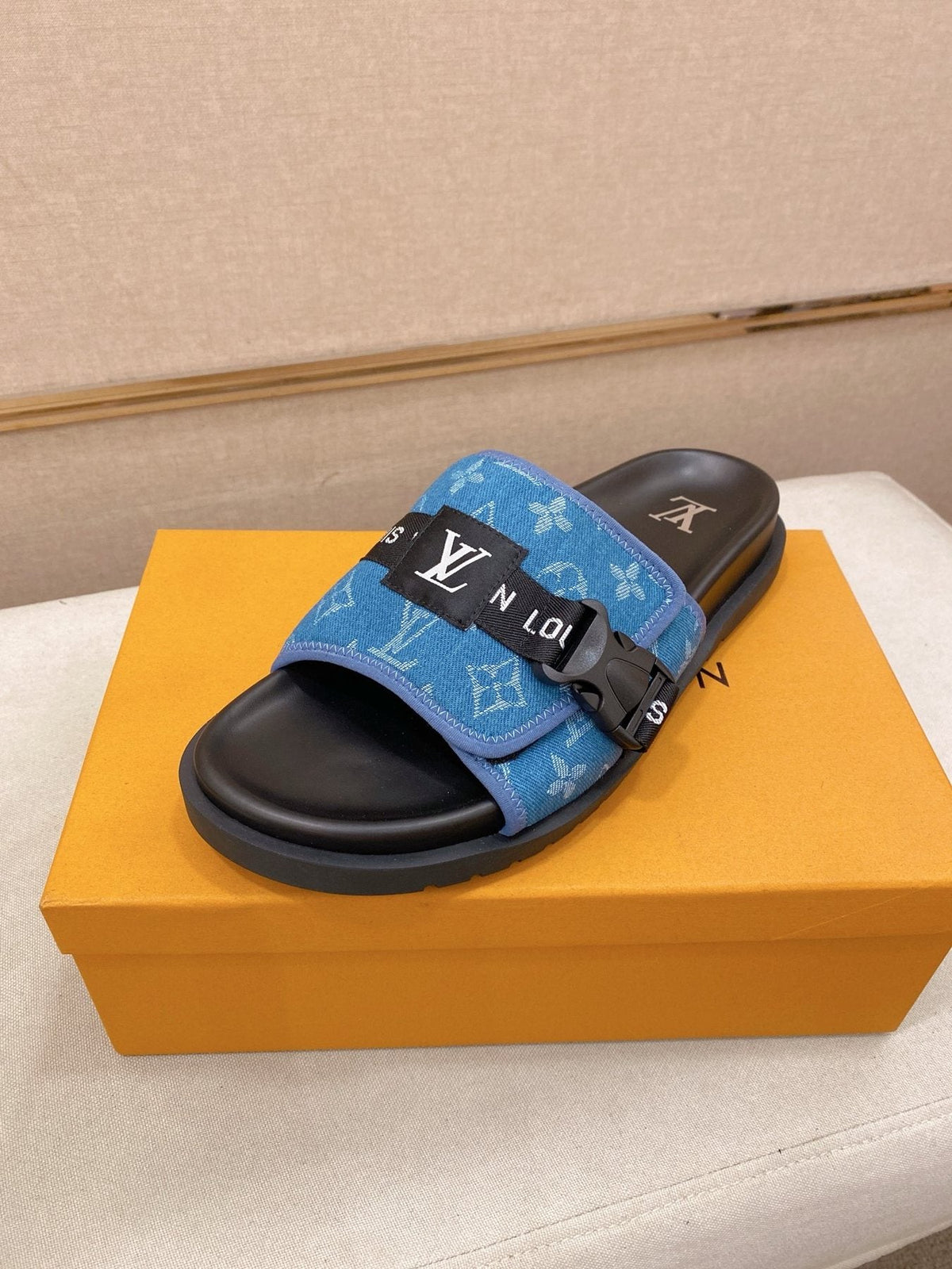 Louis Vuitton Monogram Buckle Slide Sandals — front