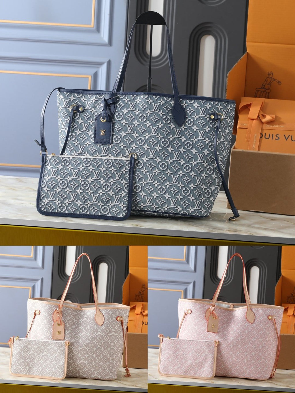 Louis Vuitton Neverfull MM Blue-Gray Tote Bag — comparison