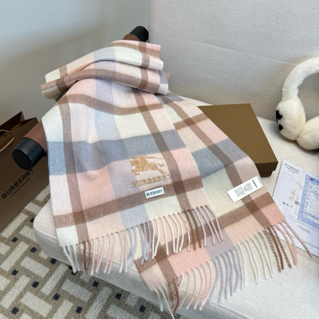 Burberry Cream Taupe Check Fringed Scarf — front