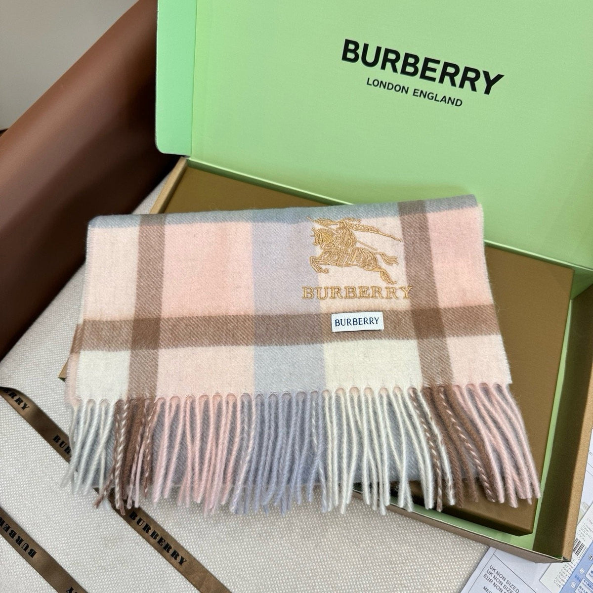 Burberry Cream Taupe Check Fringed Scarf — front