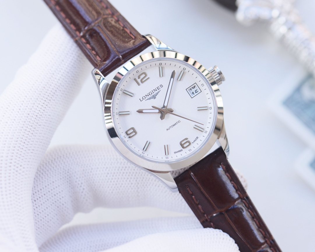 LONGINES Brown Silver White Dial Leather Strap Watch — hero
