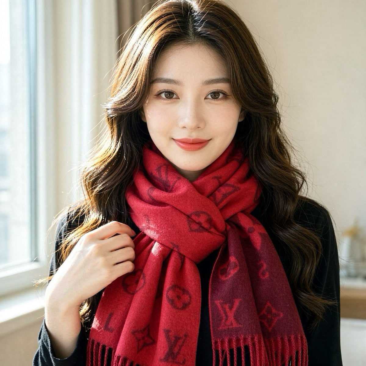 Louis Vuitton Reversible Monogram Wool Scarf — model