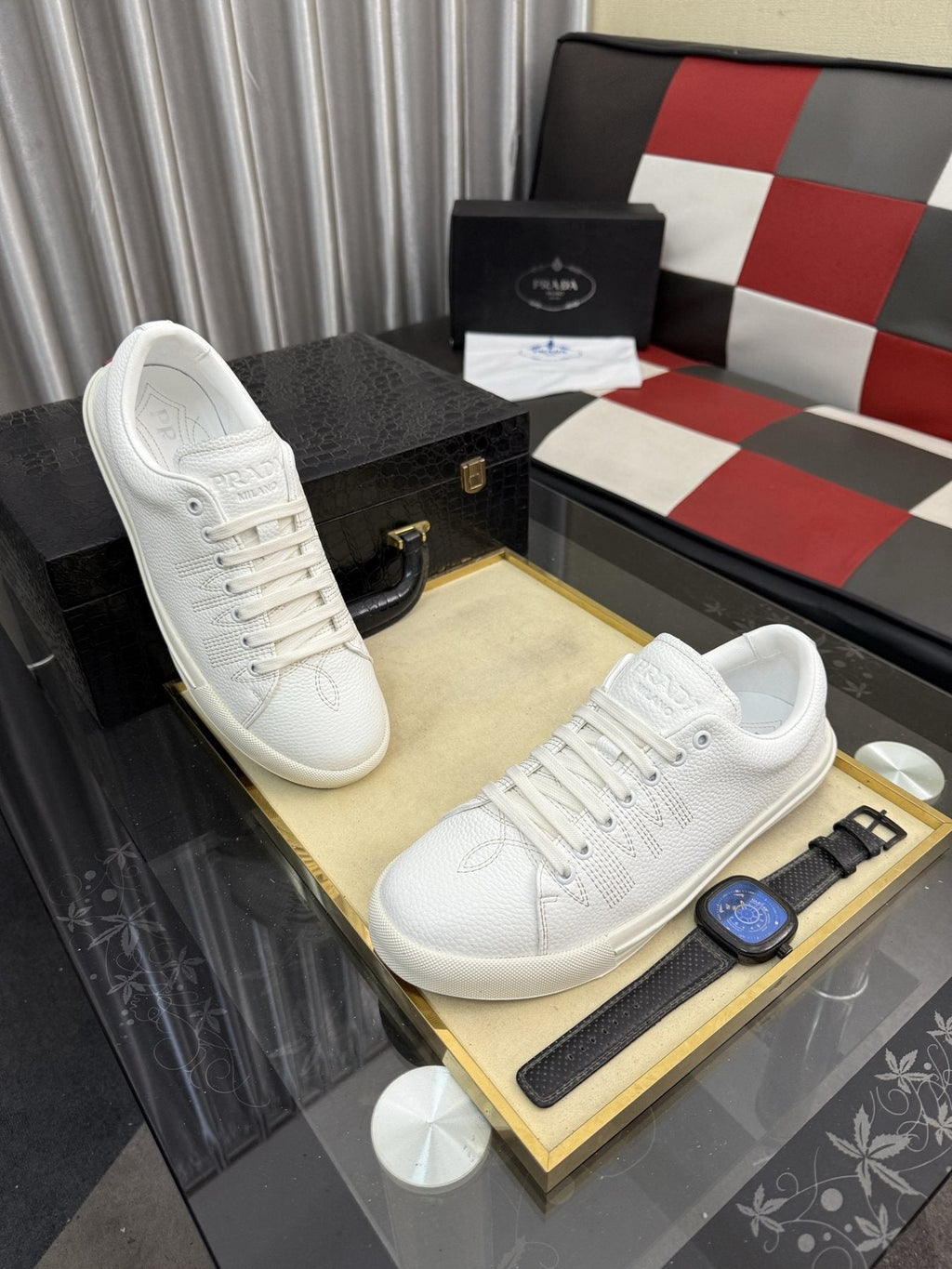 Prada Men's Textured Leather Low-Top Sneakers — front