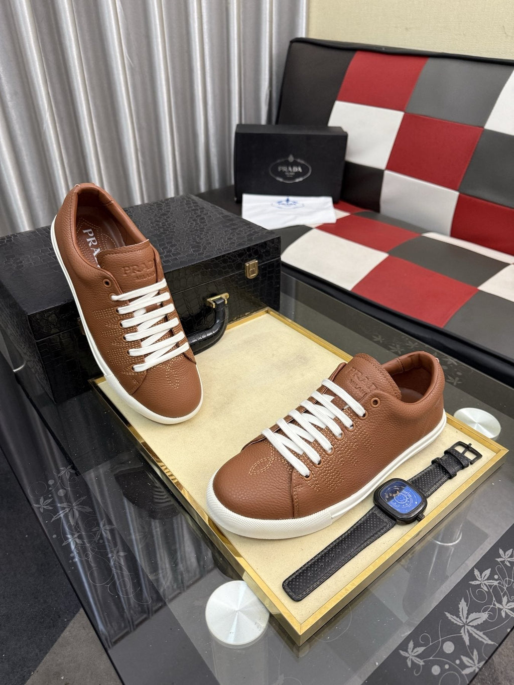 Prada Men's Textured Leather Low-Top Sneakers — model