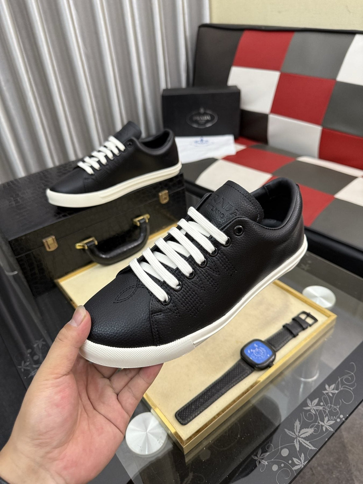 Prada Men's Textured Leather Low-Top Sneakers — side