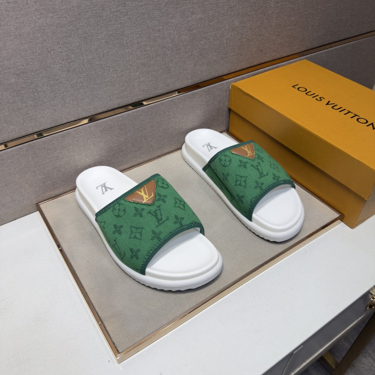 Louis Vuitton Navy Patterned Slide Sandals — front