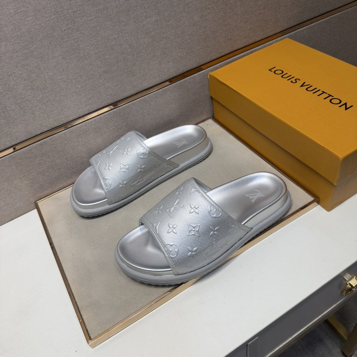 Louis Vuitton Embossed Metallic Slide Sandals — side