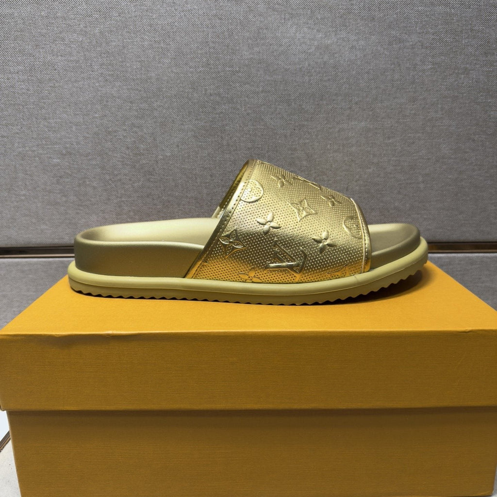 Louis Vuitton Embossed Metallic Slide Sandals — side