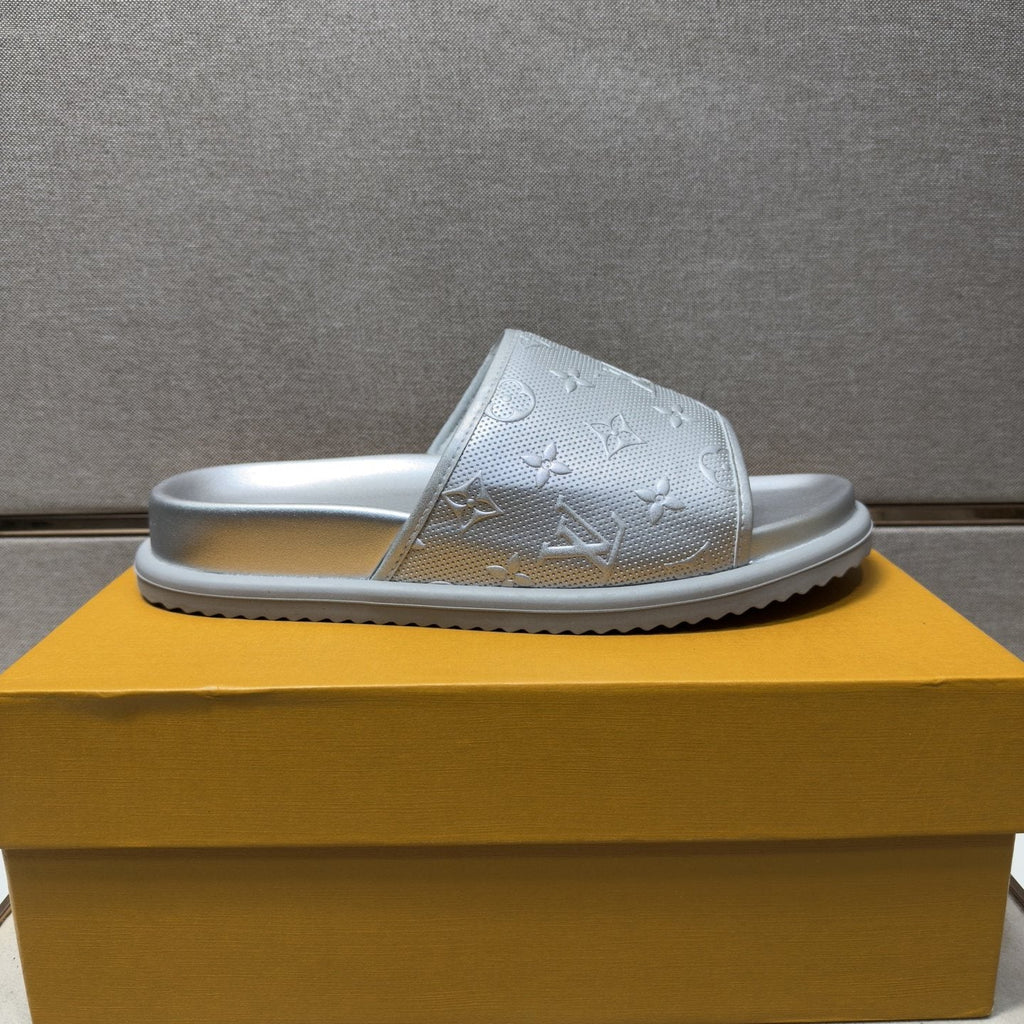 Louis Vuitton Embossed Metallic Slide Sandals — front