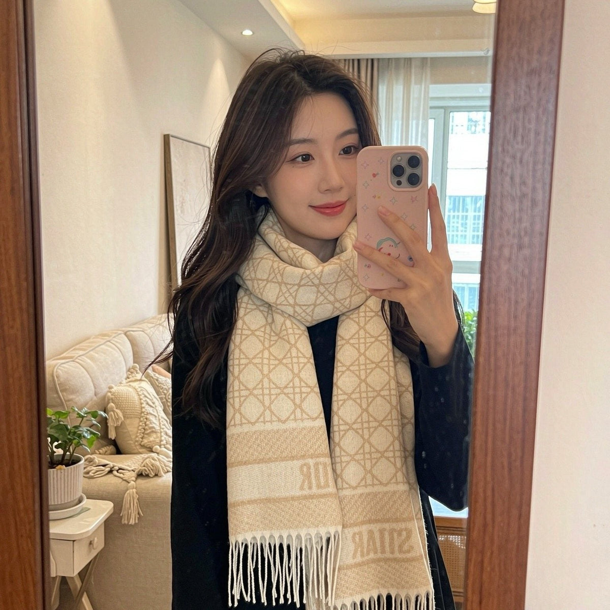 Dior Geometric Fringe Scarf — model