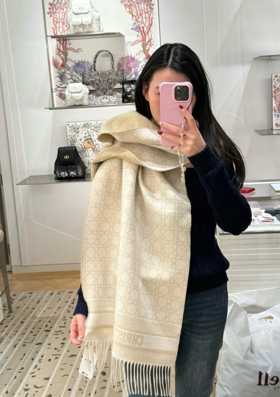 Dior Geometric Fringe Scarf — model